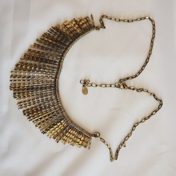 Accessorize Aztec Style Metal Bar Drop Fringe Bib Statement Necklace Gold tone - Picture 3 of 6